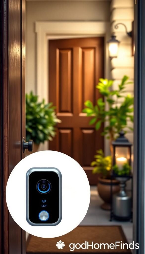A realistic, cozy entryway featuring a modern video doorbell mounted on a stylish door. In the foreground, a clear view of the doorbell with a sleek design, showcasing its camera lens and motion sensors. The middle ground includes a charming wooden door with a contemporary handle, framed by lush potted plants, adding a touch of greenery. The background reveals a small, inviting porch with soft, warm lighting from a nearby lantern, casting gentle shadows. The atmosphere conveys a sense of security and home comfort, perfect for renters or those with limited space. Capture the essence of smart home technology in a Pinterest-style lifestyle photo, branded "GoodHomeFinds."