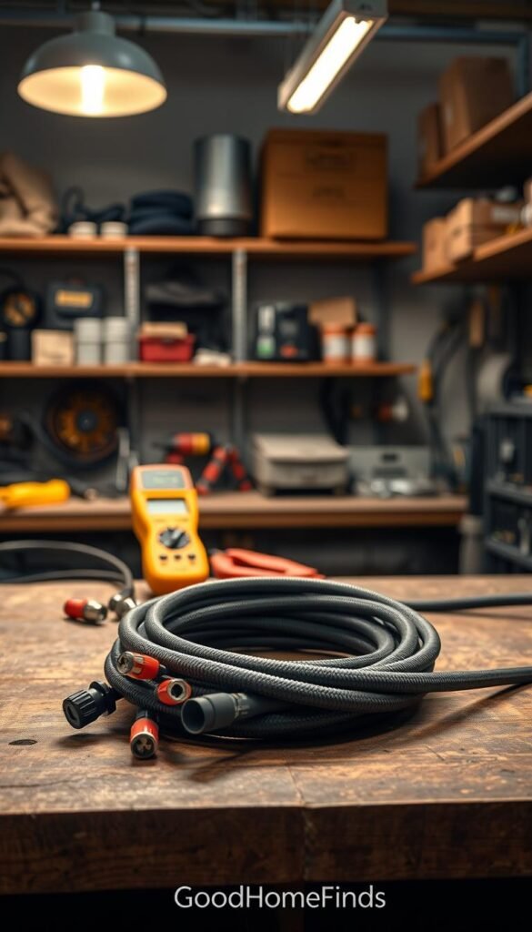 A realistic, detailed image of a maintenance cable prominently displayed on a sturdy workbench in a well-lit workshop environment. In the foreground, the maintenance cable should be coiled neatly, showcasing its texture and color, with intricate connectors visible. The middle ground features tools like a voltage tester and a pair of insulated pliers, hinting at a technician's ongoing work. In the background, shelves stocked with charging station components and maintenance equipment can be seen, illuminated by warm overhead lighting that casts soft shadows, creating an inviting atmosphere. The image should evoke a sense of professionalism and diligence in maintenance work, reflecting the importance of service and care. This photo should have a Pinterest-style aesthetic, ideal for capturing attention, and subtly brand it with "GoodHomeFinds". A realistic, detailed image of a maintenance cable prominently displayed on a sturdy workbench in a well-lit workshop environment. In the foreground, the maintenance cable should be coiled neatly, showcasing its texture and color, with intricate connectors visible. The middle ground features tools like a voltage tester and a pair of insulated pliers, hinting at a technician's ongoing work. In the background, shelves stocked with charging station components and maintenance equipment can be seen, illuminated by warm overhead lighting that casts soft shadows, creating an inviting atmosphere. The image should evoke a sense of professionalism and diligence in maintenance work, reflecting the importance of service and care. This photo should have a Pinterest-style aesthetic, ideal for capturing attention, and subtly brand it with "GoodHomeFinds".