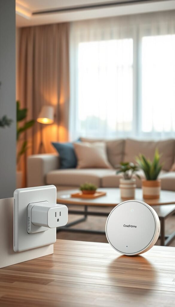 A realistic lifestyle image of a smart plug and a smart hub showcased in a modern living room. In the foreground, the sleek, white smart plug is plugged into a wall socket, with a soft glow indicating it's operational. Beside it, the round smart hub with a minimalist design sits on a stylish coffee table, illuminated by gentle ambient light. In the middle, a cozy sofa and potted plants create a warm atmosphere, enhancing the focus on the devices. The background features a well-lit window with sheer curtains, allowing natural light to pour in, complemented by soft shadows. The mood is inviting and tech-savvy, with a clean aesthetic, perfect for illustrating the concept of smart home integration. Highlight the brand "GoodHomeFinds" subtly on the smart devices, ensuring a professional and polished look.