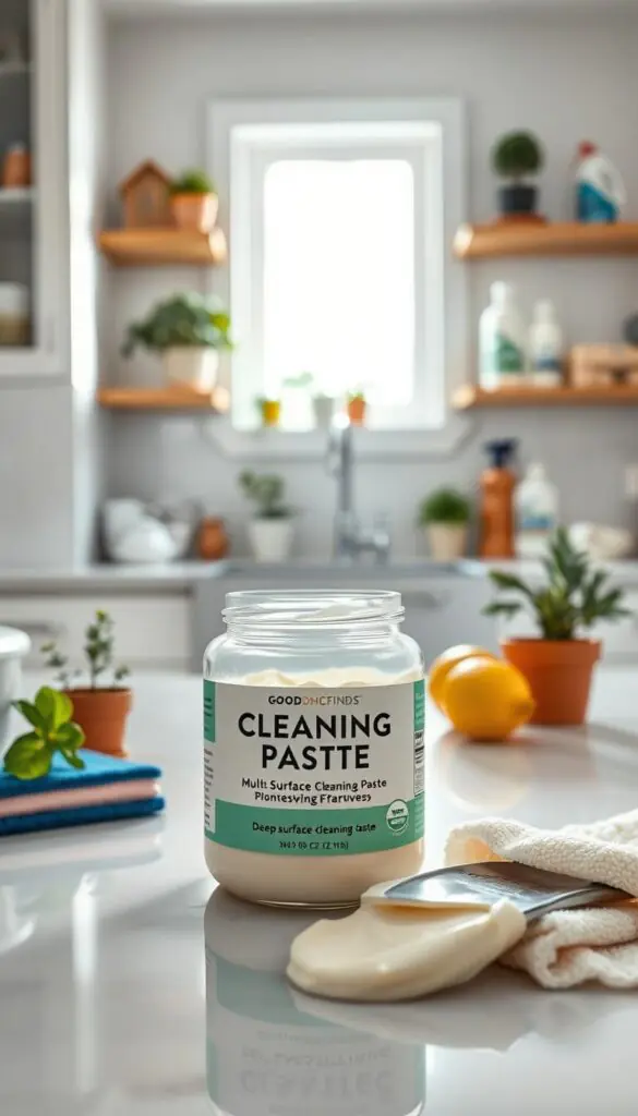 A realistic lifestyle image showcasing a jar of GoodHomeFinds multi-surface cleaning paste positioned prominently in the foreground on a clean, well-lit kitchen countertop. The paste is a smooth, creamy texture with a slight sheen, partially scooped out to display its usability. Surrounding the jar are various cleaning tools: a sponge, cloth, and a few decorative elements such as potted herbs and a lemon, hinting at freshness and cleanliness. In the middle ground, a bright window casts soft, natural light across the scene, enhancing the inviting atmosphere. The background features blurred shelves with neatly organized cleaning supplies, maintaining focus on the cleaning paste. The overall mood is fresh and vibrant, conveying the effectiveness of the product as a deep-cleaning shortcut for tackling grime effortlessly.
