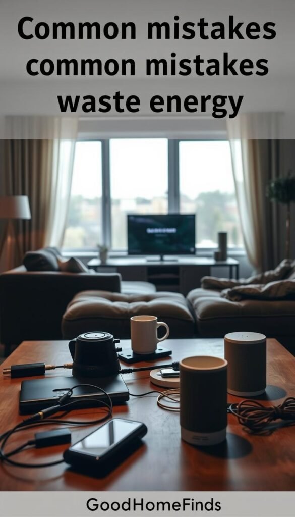 A realistic lifestyle photo illustrating common mistakes that waste energy, featuring a modern living room setting. In the foreground, a coffee table cluttered with gadgets left on, like a laptop, phone charger, and a smart speaker, emitting faint light. In the middle ground, a plush sofa with an empty coffee mug and a TV displaying paused content, symbolizing energy wastage. The background shows a large window with natural light streaming in, contrasting with the dark room. The overall atmosphere is warm yet slightly chaotic, highlighting the irony of energy waste even in smart homes. Soft, diffused lighting captures cozy, lived-in details, emphasizing the theme of "GoodHomeFinds."