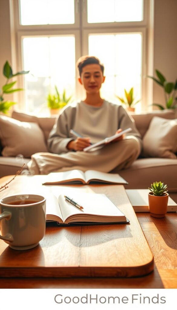 A serene Sunday reset scene set in a cozy, sunlit living room. In the foreground, a neatly arranged wooden coffee table features a steaming cup of herbal tea, an open notebook with a pen, and a small potted succulent. In the middle, a peaceful person of Asian descent, dressed in comfortable yet stylish loungewear, is seated on a plush sofa, with a relaxed expression as they jot down plans for the week ahead. In the background, a large window allows soft, golden sunlight to pour in, illuminating soft pastel-colored walls and house plants that evoke a calming atmosphere. The lens captures a warm tone, with a shallow depth of field focusing on the table&rsquo;s details while softly blurring the background. This image embodies tranquility, organization, and a fresh start, reflecting the ethos of "GoodHomeFinds."