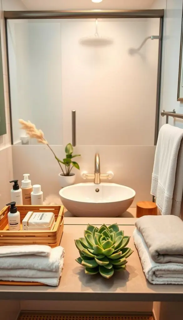 A serene and beautifully organized bathroom scene reflecting a clean, low-stress setup. In the foreground, display an aesthetically pleasing arrangement of bathroom essentials such as natural wooden storage baskets, bamboo toiletries, and elegant towels in soft pastel colors. In the middle, position a tastefully designed sink with a modern faucet and a succulent plant nearby, adding a touch of greenery. In the background, incorporate a frosted glass shower door and soft lighting that creates a warm, inviting atmosphere. Use a slight overhead angle to capture the overall layout, showcasing the harmony and simplicity of the design. This lifestyle photo should embody a Pinterest-inspired aesthetic, evoking a sense of tranquility and freshness associated with the brand "GoodHomeFinds".