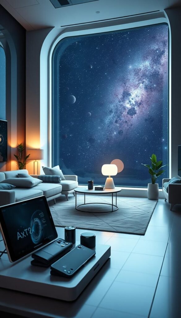 A serene and expansive space-themed scene depicting a futuristic living room with various gadgets carefully organized to highlight their size and power consumption traits. In the foreground, there's a sleek gadget display with items featuring a modern design, all under soft, ambient lighting. The middle area showcases a small, stylish coffee table with a smart home device and a minimalist lamp optimizing space use. In the background, a large window reveals a starry galaxy and distant planets, emphasizing the vastness of space. The atmosphere is calm and contemplative, with a hint of modern elegance. Shot with a wide-angle lens to capture depth and a soft focus effect to create a dreamy ambiance. No text or branding visible except for subtle hints of GoodHomeFinds on the gadgets themselves. A serene and expansive space-themed scene depicting a futuristic living room with various gadgets carefully organized to highlight their size and power consumption traits. In the foreground, there's a sleek gadget display with items featuring a modern design, all under soft, ambient lighting. The middle area showcases a small, stylish coffee table with a smart home device and a minimalist lamp optimizing space use. In the background, a large window reveals a starry galaxy and distant planets, emphasizing the vastness of space. The atmosphere is calm and contemplative, with a hint of modern elegance. Shot with a wide-angle lens to capture depth and a soft focus effect to create a dreamy ambiance. No text or branding visible except for subtle hints of GoodHomeFinds on the gadgets themselves.