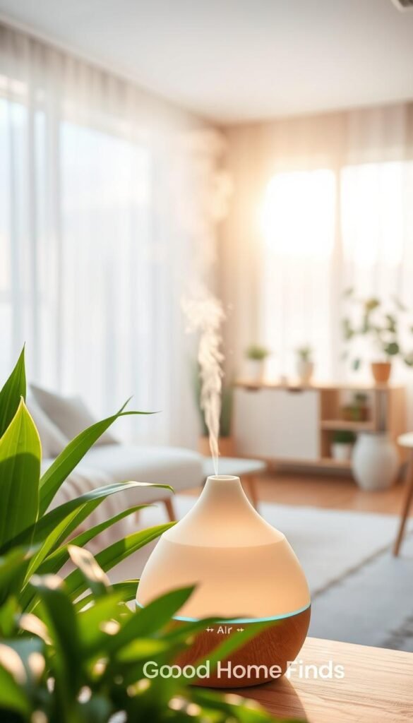 A serene and fresh indoor scene showcasing the essence of "air." In the foreground, a stylish diffuser sending a gentle mist into the atmosphere, surrounded by vibrant green plants that emphasize cleanliness and vitality. In the middle, soft sunlight filters through sheer curtains, creating a warm, inviting glow that enhances the tranquil ambiance. The background features a neatly organized living space with minimalistic decor, emphasizing airiness and openness. Use a shallow depth of field to draw attention to the diffuser while softly blurring the surroundings. The overall mood is calm and refreshing, suggesting a clean and invigorating home environment. Ensure the image captures the brand aesthetic of "GoodHomeFinds," conveying modern simplicity and wellness without any text or distractions.