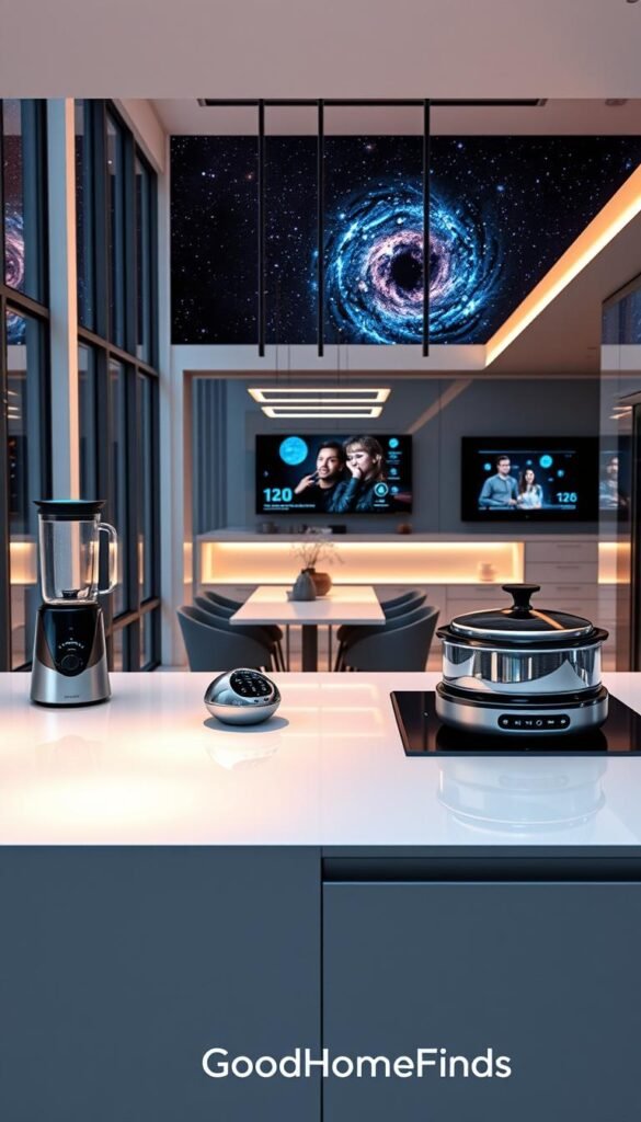 A serene and futuristic kitchen space, showcasing advanced kitchen technology for 2026. In the foreground, a sleek, modern countertop with innovative appliances like a smart blender and an AI-assisted cooker, highlighted with soft ambient lighting to create a warm atmosphere. The middle ground features an elegant dining area with minimalist furniture and high-tech gadgets seamlessly integrated, while a wall-mounted digital screen displays interactive cooking tutorials. In the background, floor-to-ceiling windows reveal a view of galaxies or cosmic elements, creating a sense of wonder and modernity. The scene is captured with a wide-angle lens, emphasizing spaciousness and creativity. The overall mood is one of inspiration and sophistication, perfect for readers excited about the future of kitchen tech. Branding subtly displayed, "GoodHomeFinds".