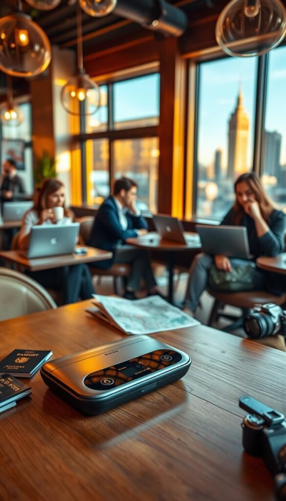 A serene and inviting travel scene showcasing "Daily Drop Pro," an innovative travel system. In the foreground, a sleek, modern travel gadget rests on a stylish wooden table, surrounded by travel essentials like a passport, map, and a camera. The middle ground features a cozy coffee shop atmosphere, with travelers in professional attire engaged in discussions over coffee, their laptops open, displaying travel itineraries. In the background, large windows reveal a bustling cityscape bathed in warm, golden light, suggesting adventure and exploration. The overall mood is optimistic and inspiring, emphasizing the promise of streamlined travel experiences. Capture this scene in vibrant colors with a shallow depth of field to focus on the gadget, creating a Pinterest-worthy lifestyle photo for GoodHomeFinds, without any text or markings. A serene and inviting travel scene showcasing "Daily Drop Pro," an innovative travel system. In the foreground, a sleek, modern travel gadget rests on a stylish wooden table, surrounded by travel essentials like a passport, map, and a camera. The middle ground features a cozy coffee shop atmosphere, with travelers in professional attire engaged in discussions over coffee, their laptops open, displaying travel itineraries. In the background, large windows reveal a bustling cityscape bathed in warm, golden light, suggesting adventure and exploration. The overall mood is optimistic and inspiring, emphasizing the promise of streamlined travel experiences. Capture this scene in vibrant colors with a shallow depth of field to focus on the gadget, creating a Pinterest-worthy lifestyle photo for GoodHomeFinds, without any text or markings.
