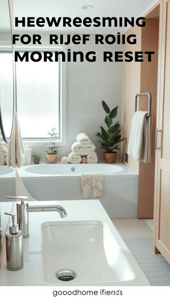 A serene and organized bathroom designed for a refreshing morning reset. In the foreground, a modern sink with a sleek faucet, neatly arranged with minimalistic accessories like a stylish soap dispenser and a soft washcloth. In the middle, an inviting bathtub surrounded by houseplants and soft, fluffy towels in neutral tones, evoking comfort and calm. The background features natural light filtering through a frosted window, illuminating the space gently, accentuating the clean lines of the cabinetry and the subtle textures of the tiles. The mood is tranquil and rejuvenating, embodying a tranquil sanctuary for a fresh start. This is a Pinterest-inspired lifestyle photo from GoodHomeFinds, capturing the essence of a peaceful and inviting bathroom atmosphere. A serene and organized bathroom designed for a refreshing morning reset. In the foreground, a modern sink with a sleek faucet, neatly arranged with minimalistic accessories like a stylish soap dispenser and a soft washcloth. In the middle, an inviting bathtub surrounded by houseplants and soft, fluffy towels in neutral tones, evoking comfort and calm. The background features natural light filtering through a frosted window, illuminating the space gently, accentuating the clean lines of the cabinetry and the subtle textures of the tiles. The mood is tranquil and rejuvenating, embodying a tranquil sanctuary for a fresh start. This is a Pinterest-inspired lifestyle photo from GoodHomeFinds, capturing the essence of a peaceful and inviting bathroom atmosphere.