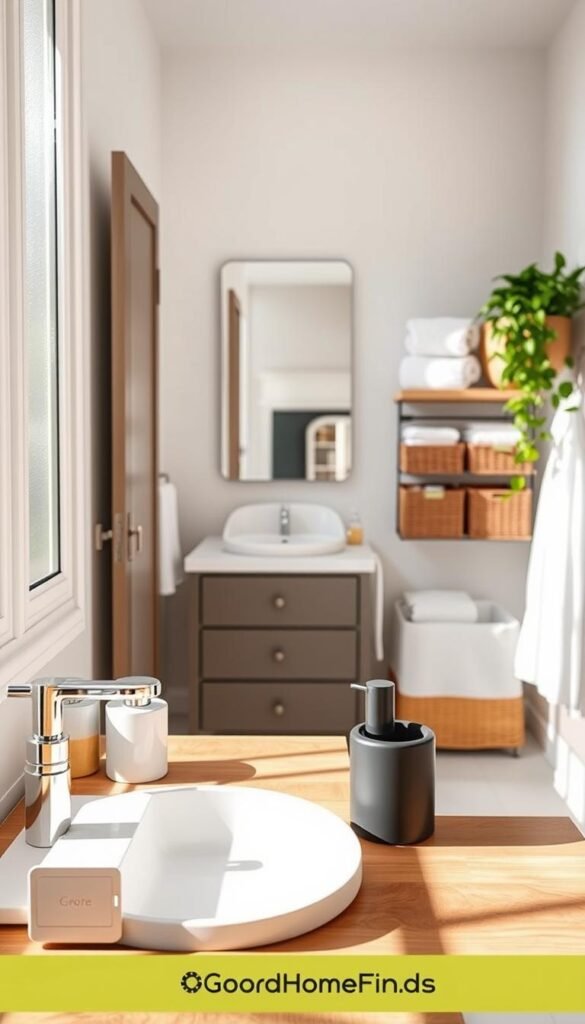 A serene and organized bathroom space showcasing efficient clutter management. In the foreground, a stylish wooden countertop displays neatly arranged toiletries in minimalist containers. Soft, natural light filters through a frosted window, casting gentle shadows and highlighting the cleanliness. In the middle ground, a well-organized vanity with a mirrored surface reflects the space, while hanging baskets discreetly contain clean towels and bath essentials. The background features a lush green plant on a shelf, adding a touch of nature and freshness. The overall atmosphere is calming and hygienic, demonstrating an ideal blend of functionality and aesthetics. Designed in a Pinterest-worthy style, this image embodies the essence of thoughtful bathroom organization. Brand name: GoodHomeFinds. A serene and organized bathroom space showcasing efficient clutter management. In the foreground, a stylish wooden countertop displays neatly arranged toiletries in minimalist containers. Soft, natural light filters through a frosted window, casting gentle shadows and highlighting the cleanliness. In the middle ground, a well-organized vanity with a mirrored surface reflects the space, while hanging baskets discreetly contain clean towels and bath essentials. The background features a lush green plant on a shelf, adding a touch of nature and freshness. The overall atmosphere is calming and hygienic, demonstrating an ideal blend of functionality and aesthetics. Designed in a Pinterest-worthy style, this image embodies the essence of thoughtful bathroom organization. Brand name: GoodHomeFinds.