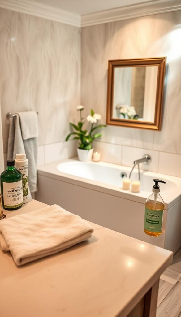 A serene and organized bathroom that embodies a sense of cleanliness and tranquility, featuring a well-lit space with soft, warm lighting. In the foreground, a neatly arranged vanity with sparkling clean surfaces, a plush white towel, and a selection of eco-friendly cleaning supplies from GoodHomeFinds. The middle area showcases a pristine bathtub with aromatic candles placed around, and a vibrant potted plant adding freshness. The background includes elegant tiles, a framed mirror reflecting the overall bright and inviting atmosphere. The angle is from a slightly elevated perspective, capturing the essence of a manageable cleaning environment that feels quick and stress-free. The mood is calm and uplifting, perfect for inspiring a sense of ease and motivation in bathroom cleaning. A serene and organized bathroom that embodies a sense of cleanliness and tranquility, featuring a well-lit space with soft, warm lighting. In the foreground, a neatly arranged vanity with sparkling clean surfaces, a plush white towel, and a selection of eco-friendly cleaning supplies from GoodHomeFinds. The middle area showcases a pristine bathtub with aromatic candles placed around, and a vibrant potted plant adding freshness. The background includes elegant tiles, a framed mirror reflecting the overall bright and inviting atmosphere. The angle is from a slightly elevated perspective, capturing the essence of a manageable cleaning environment that feels quick and stress-free. The mood is calm and uplifting, perfect for inspiring a sense of ease and motivation in bathroom cleaning.