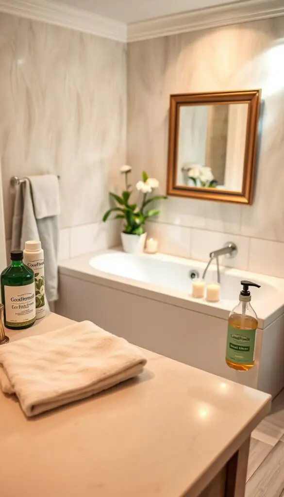 A serene and organized bathroom that embodies a sense of cleanliness and tranquility, featuring a well-lit space with soft, warm lighting. In the foreground, a neatly arranged vanity with sparkling clean surfaces, a plush white towel, and a selection of eco-friendly cleaning supplies from GoodHomeFinds. The middle area showcases a pristine bathtub with aromatic candles placed around, and a vibrant potted plant adding freshness. The background includes elegant tiles, a framed mirror reflecting the overall bright and inviting atmosphere. The angle is from a slightly elevated perspective, capturing the essence of a manageable cleaning environment that feels quick and stress-free. The mood is calm and uplifting, perfect for inspiring a sense of ease and motivation in bathroom cleaning.