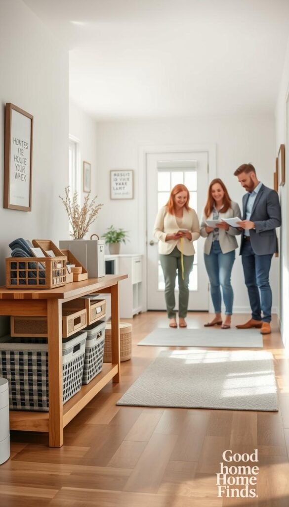 A serene and organized home environment showcasing a designated "drop zone" for household items. In the foreground, a stylish wooden entryway table with neatly arranged storage baskets labeled for efficient categorization of items. In the middle ground, a family of four, dressed in professional casual attire, interacts as they assess and measure items for decluttering, with measuring tape and notepads in hand. The background features a well-lit hallway adorned with motivational wall art and a large window allowing natural light to stream in, creating an inviting atmosphere. The lens captures soft, diffused lighting to evoke a sense of calm and order. This scene embodies the concept of efficient organization and thoughtful decision-making in household management. GoodHomeFinds aesthetic.