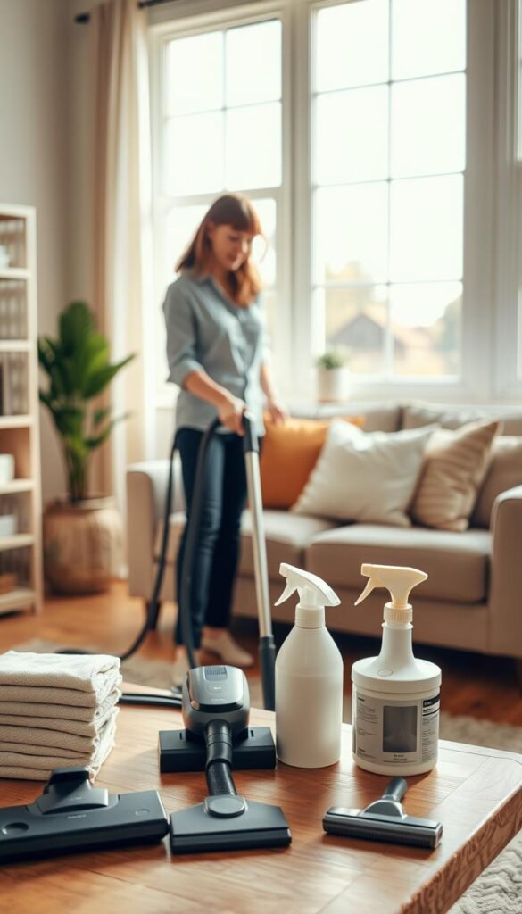 A serene and organized living space, focusing on a cozy home corner where a person in professional casual attire is methodically cleaning and decluttering. In the foreground, there's a stylish vacuum cleaner and neatly stacked cleaning supplies on a wooden table, conveying a sense of routine. The middle ground features a comfortable sofa adorned with plush pillows and a small indoor plant, while in the background, large windows allow warm, natural light to flood the room, creating a bright and inviting atmosphere. The composition emphasizes an air of calmness and focus, inspiring viewers to consider cleanliness as part of their daily lives. The scene reflects a Pinterest-style aesthetic&mdash;clean, vibrant, and aspirational. GoodHomeFinds.