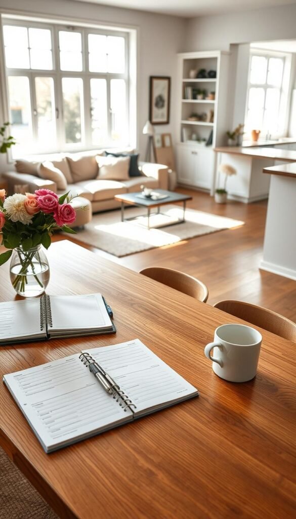 A serene and organized living space showcasing a "daily tidy routine home." In the foreground, a sleek wooden dining table adorned with neatly arranged planners, a fresh vase of flowers, and a steaming mug of coffee reflects a morning vibe. The middle ground features a cozy, well-lit living room with plush sofas and a soft rug, all immaculate and inviting. Bright, natural light pours through large windows, creating a warm ambiance. In the background, a minimalist kitchen with sparkling countertops and orderly shelves illustrates effective tidying. The mood is calm and productive, embodying a sense of peace and clarity. Captured in bright, airy lighting with a shallow depth of field, this Pinterest-style lifestyle photo evokes inspiration for establishing a daily routine at home. GoodHomeFinds. A serene and organized living space showcasing a "daily tidy routine home." In the foreground, a sleek wooden dining table adorned with neatly arranged planners, a fresh vase of flowers, and a steaming mug of coffee reflects a morning vibe. The middle ground features a cozy, well-lit living room with plush sofas and a soft rug, all immaculate and inviting. Bright, natural light pours through large windows, creating a warm ambiance. In the background, a minimalist kitchen with sparkling countertops and orderly shelves illustrates effective tidying. The mood is calm and productive, embodying a sense of peace and clarity. Captured in bright, airy lighting with a shallow depth of field, this Pinterest-style lifestyle photo evokes inspiration for establishing a daily routine at home. GoodHomeFinds.