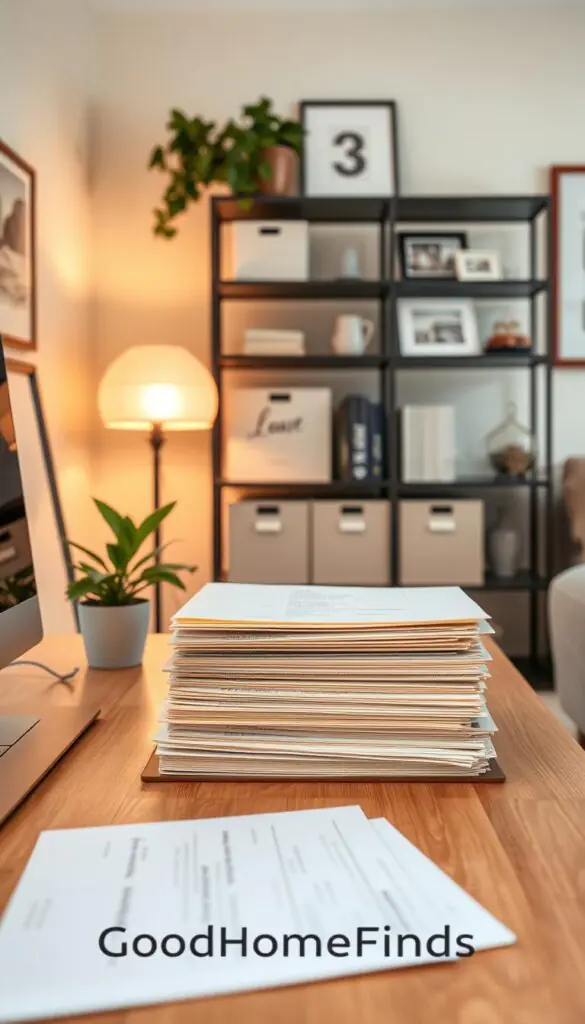 A serene and organized workspace featuring a stylish wooden desk in the foreground, neatly stacked with labeled folders containing important documents like bills and leases. Include a personal touch with a potted plant and a vintage-style lamp casting warm, inviting light. In the middle ground, show an elegant shelving unit filled with aesthetically pleasing storage boxes and framed photos that hint at personal memories, creating a sense of harmony. In the background, soft pastel wall colors and a minimalistic art piece enhance the tranquil atmosphere. The scene should convey a feeling of privacy and security, ideal for storing personal documents in a tech-friendly environment. Capture this lifestyle image in bright, natural lighting with a slight depth of field, ensuring a focus on the foreground details. The brand name "GoodHomeFinds" should subtly be represented through the decor style.
