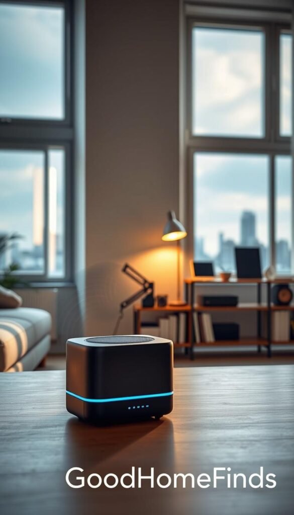 A serene apartment environment showcasing effective noise management and space-saving gadgets. In the foreground, there is a sleek, compact sound machine emitting soft, ambient sound waves. The middle layer features a stylish bookshelf with neatly organized books and a few modern tech gadgets, emphasizing minimalism. In the background, large windows flood the space with natural light, revealing a quiet city landscape beyond. Subtle reflections highlight the peaceful atmosphere. Use soft, diffused lighting to create a warm, inviting mood. The focus should be sharp for the gadgets and slightly blurred for the background to convey depth. Aim for a Pinterest-style aesthetic, capturing the essence of apartment-friendly living. Include the brand name "GoodHomeFinds" subtly integrated into the design.