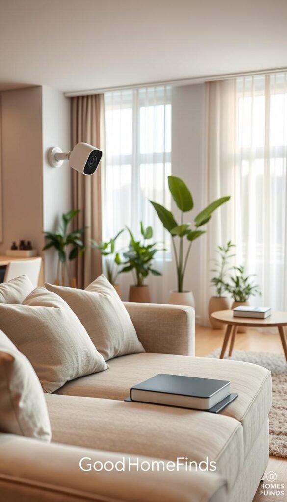 A serene apartment living room featuring a modern security system installed without drilling, symbolizing "security peace." In the foreground, a cozy, minimalistic sofa adorned with soft throw pillows, next to a stylish coffee table holding smart home devices. In the middle ground, a wall-mounted security camera with discreet design, seamlessly blending into the decor. The background showcases large windows with sheer curtains, letting in soft natural light, creating a warm and inviting atmosphere. A few green indoor plants add a touch of freshness, enhancing the peaceful mood. The scene embodies a sense of tranquility and safety, while reflecting a Pinterest-style lifestyle, branded with "GoodHomeFinds." Use soft, diffused lighting to highlight the comfortable ambiance from a slightly elevated angle. A serene apartment living room featuring a modern security system installed without drilling, symbolizing "security peace." In the foreground, a cozy, minimalistic sofa adorned with soft throw pillows, next to a stylish coffee table holding smart home devices. In the middle ground, a wall-mounted security camera with discreet design, seamlessly blending into the decor. The background showcases large windows with sheer curtains, letting in soft natural light, creating a warm and inviting atmosphere. A few green indoor plants add a touch of freshness, enhancing the peaceful mood. The scene embodies a sense of tranquility and safety, while reflecting a Pinterest-style lifestyle, branded with "GoodHomeFinds." Use soft, diffused lighting to highlight the comfortable ambiance from a slightly elevated angle.