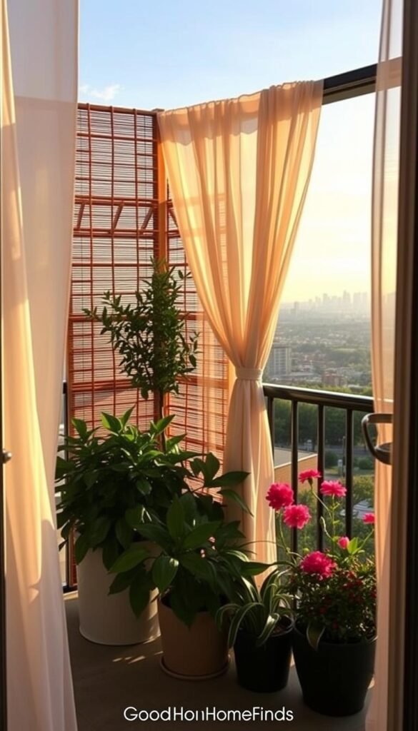 A serene balcony scene featuring elegant privacy solutions that enhance the view without obstructing it. In the foreground, artistic privacy screens made of natural bamboo and sheer drapes gently flutter in the breeze, creating a cozy nook. The middle section showcases potted lush greenery and vibrant flowers, adding a touch of nature's beauty. In the background, a stunning panoramic cityscape or a charming garden view captures attention. The lighting is warm, mimicking the golden hour, with soft shadows casting a welcoming atmosphere. The angle is slightly elevated, providing a full view of the balcony&rsquo;s arrangement and the inviting space. This stylish setup reflects the essence of "GoodHomeFinds," promoting a peaceful, private retreat amidst scenic beauty.