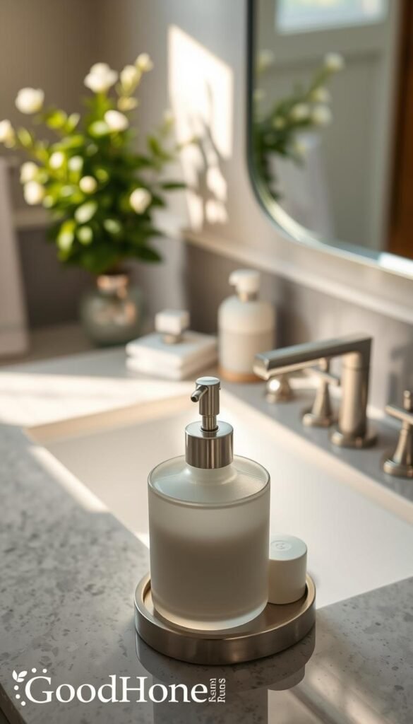 A serene bathroom counter showcasing a designated "sink zone" layout featuring a stylish soap dispenser and neatly arranged hand soap. In the foreground, the soap dispenser is elegant, made of frosted glass, reflecting soft, natural light. The middle ground captures a clean, minimalist bathroom counter with subtle grey stone and neutral-colored decor, creating a calm and organized atmosphere. In the background, a soft-focus mirror reflects delicate greenery, enhancing the tranquility of the space. The lighting is warm and inviting, mimicking late afternoon sunlight. The composition should evoke a sense of order and relaxation, embodying a Pinterest-worthy lifestyle aesthetic, branded with "GoodHomeFinds."