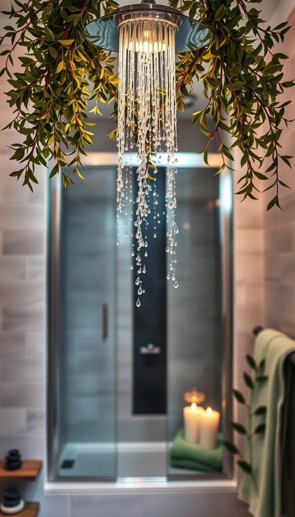 A serene bathroom scene featuring a cozy shower space transformed into a spa-like retreat with lush eucalyptus sprigs hanging overhead, releasing a subtle, tranquil aroma. In the foreground, the showerhead is artistically arranged, with soft water droplets glistening under warm, diffused lighting. The middle layer showcases a sleek, modern shower stall with glass doors, framed by soft green towels and natural elements like stones and candles arranged tastefully on a small ledge. In the background, muted pastel wall tiles complement the soothing atmosphere, hinting at large plants and soft textiles. The image captures a rejuvenating, peaceful ambiance, reminiscent of a spa day at home, perfectly fitting for a lifestyle-focused aesthetic. GoodHomeFinds. A serene bathroom scene featuring a cozy shower space transformed into a spa-like retreat with lush eucalyptus sprigs hanging overhead, releasing a subtle, tranquil aroma. In the foreground, the showerhead is artistically arranged, with soft water droplets glistening under warm, diffused lighting. The middle layer showcases a sleek, modern shower stall with glass doors, framed by soft green towels and natural elements like stones and candles arranged tastefully on a small ledge. In the background, muted pastel wall tiles complement the soothing atmosphere, hinting at large plants and soft textiles. The image captures a rejuvenating, peaceful ambiance, reminiscent of a spa day at home, perfectly fitting for a lifestyle-focused aesthetic. GoodHomeFinds.