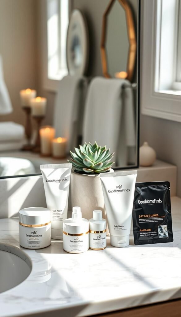 A serene bathroom scene showcasing an array of beauty and skincare products arranged tastefully on a marble countertop. In the foreground, a neatly organized selection of well-packaged items under the brand "GoodHomeFinds," including a moisturizer, cleanser, and face mask set. The middle layer features a gently glowing succulent in a stylish pot, adding a touch of greenery. Soft natural light streams in from a nearby window, casting gentle shadows and creating a tranquil atmosphere. The background includes blurred reflections of clean towels and a subtle glimpse of calming decor elements like candles and a decorative mirror. The overall mood is soothing and inviting, embodying the essence of beauty basics that deliver value without overpromising.