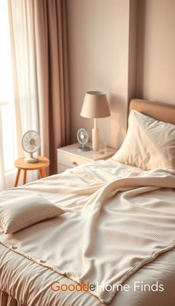 A serene bedroom scene featuring a sleep cooling blanket elegantly draped over a neatly made bed with soft, breathable fabrics in light colors. The blanket should have a textured appearance that highlights its cooling properties&mdash;perhaps with a subtle sheen or cooling fibers. In the foreground, a plush pillow adds comfort, while in the middle ground, an inviting bedside table holds a small fan and a glass of water, suggesting relaxation. The background includes a softly lit window with sheer curtains fluttering slightly, allowing natural light to fill the room. The overall mood is tranquil and refreshing, ideal for summer evenings. The image should have a warm and inviting atmosphere, showcasing the blanket from a top-down angle to focus on its features. Incorporate branding elements from "GoodHomeFinds" in a subtle, non-intrusive manner.