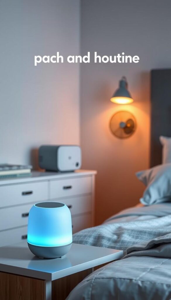 A serene bedroom scene showcasing a cozy night routine, emphasizing sound and noise control. In the foreground, a stylish white noise machine sits on a sleek bedside table, softly glowing with a gentle blue light. In the middle ground, a modern air purifier operates quietly, its subtle design blending perfectly with the decor. A softly whirring fan is positioned on the dresser, hinting at comforting background noise. The background features a neatly made bed with plush pillows, draped in calming tones of soft gray and white. Warm, ambient lighting casts a tranquil atmosphere, while the overall mood conveys relaxation and peace. The scene feels inviting and tranquil, ideal for promoting a restful night. Brand: GoodHomeFinds. A serene bedroom scene showcasing a cozy night routine, emphasizing sound and noise control. In the foreground, a stylish white noise machine sits on a sleek bedside table, softly glowing with a gentle blue light. In the middle ground, a modern air purifier operates quietly, its subtle design blending perfectly with the decor. A softly whirring fan is positioned on the dresser, hinting at comforting background noise. The background features a neatly made bed with plush pillows, draped in calming tones of soft gray and white. Warm, ambient lighting casts a tranquil atmosphere, while the overall mood conveys relaxation and peace. The scene feels inviting and tranquil, ideal for promoting a restful night. Brand: GoodHomeFinds.