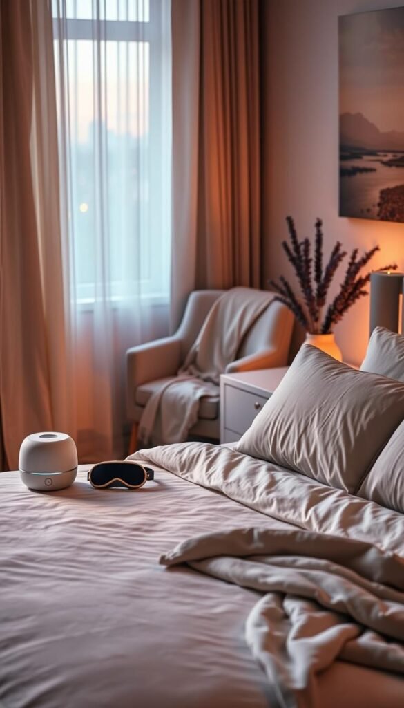 A serene bedroom setting at twilight, softly illuminated by warm, ambient lighting filtering through sheer curtains. In the foreground, a plush, neatly made bed adorned with cozy blankets and pillows invites relaxation. On the bedside table, a collection of sleek sleep gadgets, like an elegant white noise machine, a modern sleep mask, and a minimalist alarm clock, are arranged aesthetically. In the middle ground, a comfortable chair draped with a light throw offers a reading nook, while a soothing lavender plant adds a touch of natural warmth. The background features a faded wall painting of calming landscapes. The overall mood is tranquil and inviting, suggesting the importance of sleep. Capture this intimate moment in a Pinterest-style lifestyle photo for GoodHomeFinds, using a soft-focus, natural lighting effect.