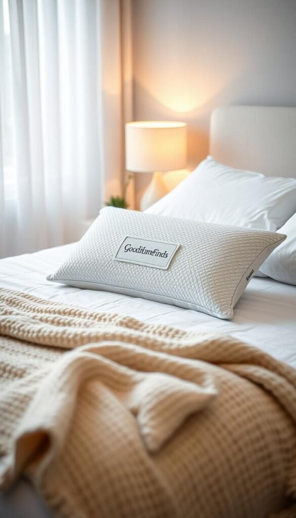 A serene bedroom setting featuring a plush sleep pillow positioned centrally on a neatly made bed. The pillow is soft and inviting, with a textured cover in calming pastel hues, such as light blue and white, accented by a delicate geometric pattern. In the foreground, a cozy knitted throw blanket is casually draped over the edge of the bed, enhancing the comfort theme. The middle layer showcases a bedside table with a minimalist lamp casting a warm glow, complemented by a small indoor plant. In the background, softly diffused natural light filters through sheer curtains, creating a peaceful and relaxing atmosphere. The overall mood is tranquil and cozy, conveying restful sleep. Include the brand name "GoodHomeFinds" subtly integrated into the scene as part of an elegant label on the pillow.