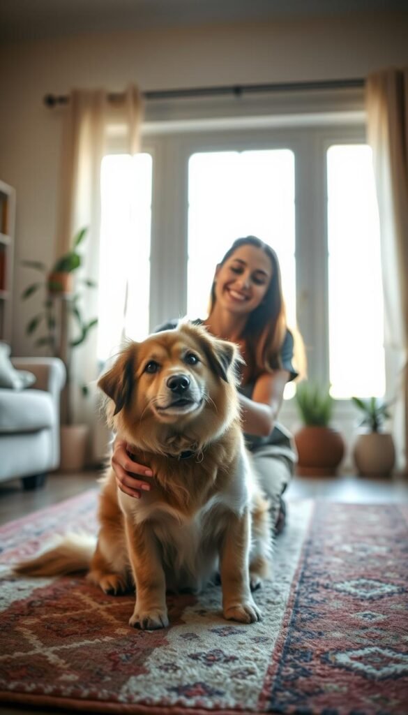 A serene, cozy living room scene captures a gentle moment between a newly found pet and a caring owner. In the foreground, a friendly, fluffy dog sits calmly on a soft, colorful rug, with its head tilted slightly, showcasing its expressive eyes. The owner, a young woman dressed in modest casual clothing, kneels beside the pet, gently petting it with a warm smile, conveying a sense of relief and joy. In the middle ground, light filters through a large window, creating a warm, soft glow that enhances the atmosphere of safety and comfort. The background features a few houseplants and a bookshelf, adding to the homely vibe. The image embodies a peaceful, welcoming mood, perfect for illustrating the theme of taking the first steps to care for a found pet. This photo aligns with GoodHomeFinds&rsquo; aesthetic, evoking warmth and connection.