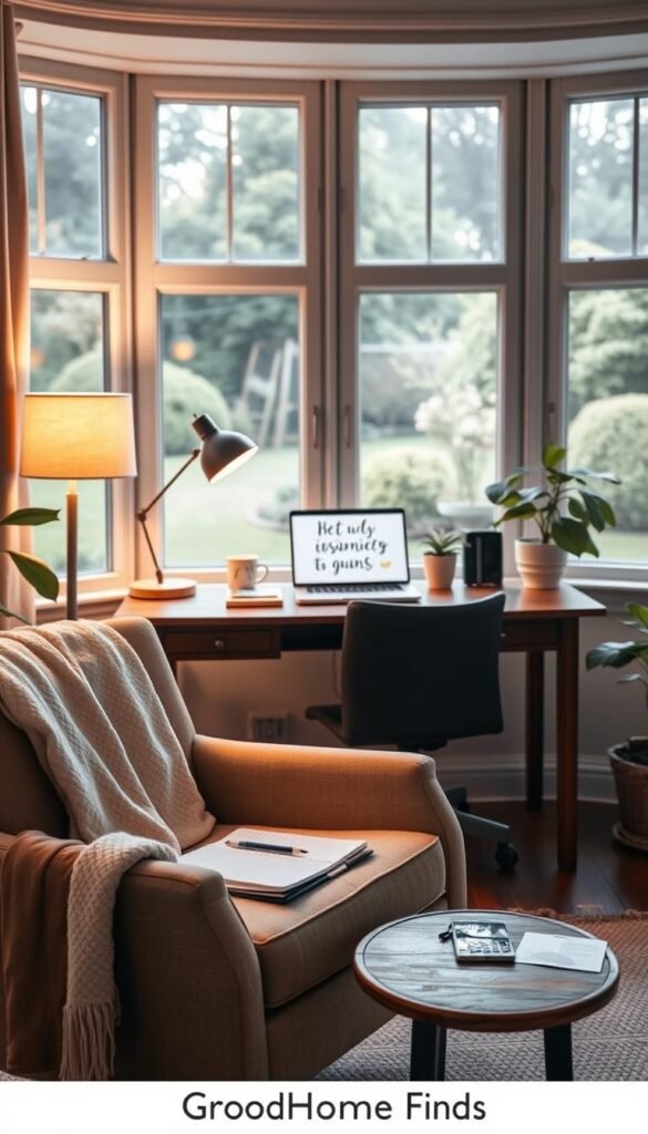 A serene drop zone set in a cozy, stylish home office, designed for relaxation and creativity. In the foreground, a comfortable armchair with a soft throw blanket and a personal planner on a rustic wooden side table. In the middle, a well-organized workspace featuring a laptop with inspirational quotes on the screen, a potted plant, and warm lighting from a desk lamp, casting a glow over the scene. In the background, large windows reveal a tranquil garden, providing natural light and a peaceful view. The mood is inviting and calming, capturing the essence of a perfect drop zone. The photograph should evoke a sense of organization and comfort, styled as a Pinterest-worthy lifestyle image without any text. GoodHomeFinds.