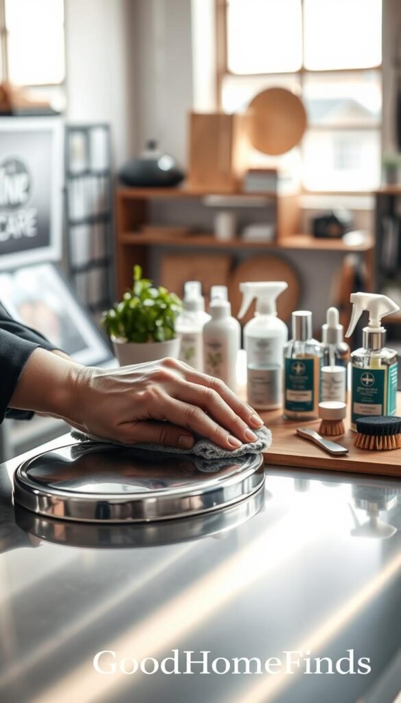 A serene, elegantly arranged scene focused on metal care, showcasing a polished stainless-steel surface reflecting soft, natural daylight. In the foreground, a pair of hands, dressed in professional business attire, gently clean a metal item with a soft cloth, emphasizing techniques used by conservators. In the middle ground, various metal care products are tastefully displayed on a wooden workbench, including eco-friendly cleaners and brushes, while a small potted plant adds a touch of greenery. The background features a soft-focus workshop environment, gently illuminated by diffuse sunlight filtering through a window, creating a warm and inviting atmosphere. The overall mood conveys professionalism and care, highlighting the importance of smart handling for metal items. Branding: GoodHomeFinds.