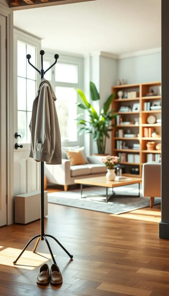 A serene entryway and living area designed for a stress-free environment, featuring a tidy space with natural light streaming through large windows. In the foreground, a stylish, minimalist coat rack holds a neatly hung jacket, and a pair of polished shoes are placed neatly below. The middle ground showcases a cozy living room with a plush sofa adorned with tasteful cushions, a coffee table with a fresh vase of flowers, and an organized bookshelf filled with neatly arranged books and decorative items. In the background, a large indoor plant flourishes, enhancing the tranquil atmosphere. The scene is bathed in warm, inviting lighting, evoking a sense of calm and order. Captured at eye level with a soft focus, this Pinterest-style image embodies the essence of organized, clutter-free living. GoodHomeFinds.