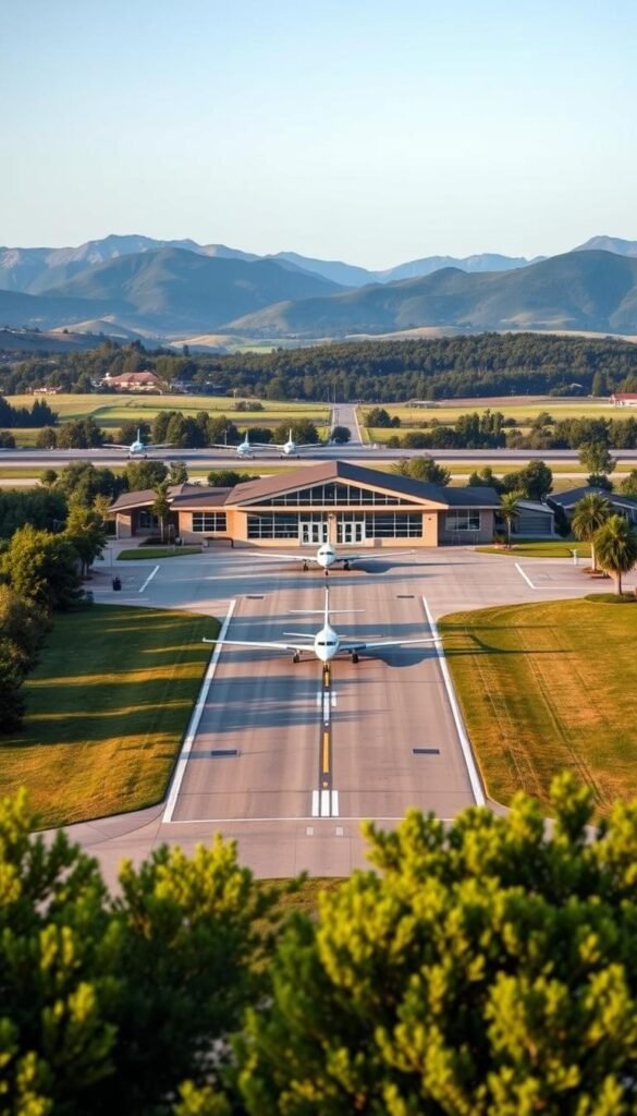 A serene home airport scene showcasing a small regional terminal surrounded by lush greenery. In the foreground, a well-maintained runway stretches into the distance, with a few private planes parked neatly. The middle ground features a classic, inviting terminal building with large windows reflecting the clear blue sky. Soft morning light bathes the scene, creating a warm and welcoming atmosphere. In the background, rolling hills and distant mountains add depth, ensuring a feeling of tranquility and isolation from busy major hubs. The mood is peaceful yet professional, suggesting the ease and accessibility of flights from this home base. Capture this lifestyle essence for a "GoodHomeFinds" article without any text overlays or distractions. A serene home airport scene showcasing a small regional terminal surrounded by lush greenery. In the foreground, a well-maintained runway stretches into the distance, with a few private planes parked neatly. The middle ground features a classic, inviting terminal building with large windows reflecting the clear blue sky. Soft morning light bathes the scene, creating a warm and welcoming atmosphere. In the background, rolling hills and distant mountains add depth, ensuring a feeling of tranquility and isolation from busy major hubs. The mood is peaceful yet professional, suggesting the ease and accessibility of flights from this home base. Capture this lifestyle essence for a "GoodHomeFinds" article without any text overlays or distractions.
