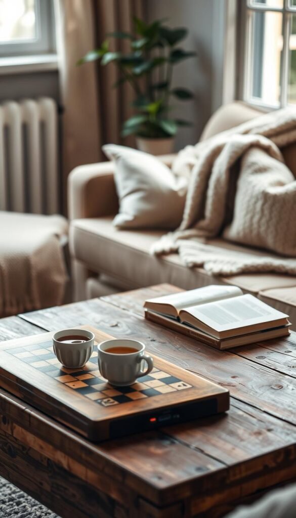A serene home environment showcasing a cozy living room without internet connection. In the foreground, a rustic wooden coffee table holds a well-used board game, a steaming cup of tea, and a few vintage books, inviting a sense of offline connection. In the middle ground, a comfy couch adorned with soft, neutral-colored cushions suggests relaxation, with a warm knitted blanket casually draped over one arm. The background features a window with soft, natural light pouring in, illuminating a small potted plant, symbolizing life and serenity. The atmosphere is calm and inviting, encouraging meaningful face-to-face interactions. Capture this scene in soft, diffused lighting with a slight bokeh effect focusing on the details. The overall composition should evoke nostalgia for simpler times while highlighting the charm of gadgets that still thrive without Wi-Fi. GoodHomeFinds.