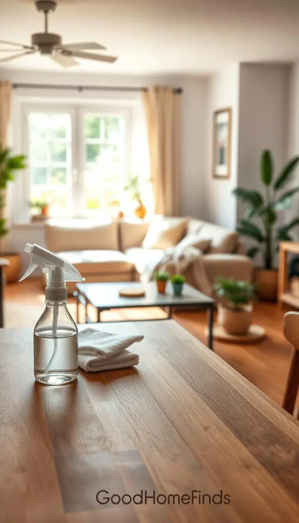 A serene home environment showcasing daily cleaning routines for various surfaces. In the foreground, a wooden kitchen table is neatly organized with eco-friendly cleaning supplies, including a spray bottle and cloths, emphasizing simplicity and minimal effort. In the middle, a sunlit living room features a plush couch with a soft throw and a coffee table displaying neatly arranged coasters and a potted plant, suggesting a tidy lifestyle. In the background, bright windows let in warm, natural light, enhancing a cozy, inviting atmosphere. The perspective is slightly angled to capture the layers of the space, with a soft focus on distant elements. The overall mood is calm and harmonious, reflecting the idea of effortless cleanliness. Render in a realistic, Pinterest-style aesthetic to align with the brand "GoodHomeFinds."