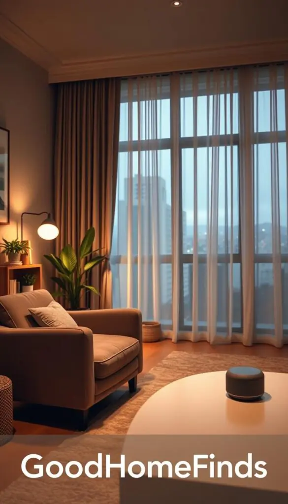 A serene home interior depicting the essence of privacy-friendly technology. In the foreground, a modern living room features a cozy reading nook with a plush armchair, a small bookshelf filled with plants and privacy-friendly gadgets, and a warm lamp emitting soft, ambient light. The middle ground showcases a sleek, minimalist coffee table with an unobtrusive smart speaker that prioritizes user privacy. In the background, large windows draped with sheer curtains allow for natural light while offering a sense of seclusion from the outside. Use a wide-angle lens to capture the inviting atmosphere, ensuring warm, comforting colors dominate the scene. The image should evoke tranquility and security, reflecting a lifestyle that values privacy and comfort at home. The brand name "GoodHomeFinds" should subtly blend with the decor, enhancing the warm ambiance without overpowering the image.