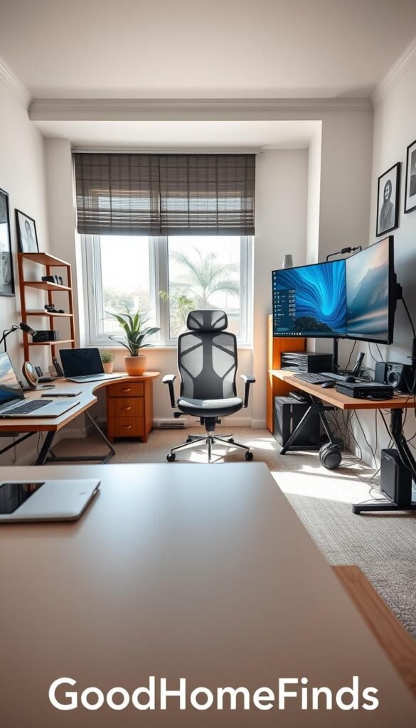 A serene home office in the foreground showcases a basic desk setup on the left, featuring a simple laptop, notebook, and a few aesthetic desk accessories, all arranged neatly. In contrast, an elaborate advanced setup on the right includes multiple monitors, high-end gadgets, and organized cables, reflecting a tech-savvy environment. Soft, natural light streams through a nearby window, creating a warm and inviting atmosphere. The middle ground transitions smoothly with a stylish chair positioned centrally, while the background is adorned with subtle decor, like plants and artwork, adding depth. The image captures a focus on productivity and comfort, embodying modern workspaces. Rendered in high resolution, this scene, from an eye-level angle, radiates a contemporary lifestyle vibe, branded as "GoodHomeFinds." A serene home office in the foreground showcases a basic desk setup on the left, featuring a simple laptop, notebook, and a few aesthetic desk accessories, all arranged neatly. In contrast, an elaborate advanced setup on the right includes multiple monitors, high-end gadgets, and organized cables, reflecting a tech-savvy environment. Soft, natural light streams through a nearby window, creating a warm and inviting atmosphere. The middle ground transitions smoothly with a stylish chair positioned centrally, while the background is adorned with subtle decor, like plants and artwork, adding depth. The image captures a focus on productivity and comfort, embodying modern workspaces. Rendered in high resolution, this scene, from an eye-level angle, radiates a contemporary lifestyle vibe, branded as "GoodHomeFinds."