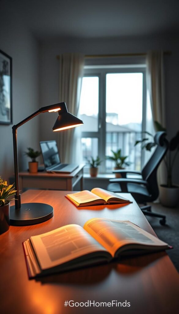 A serene home office setup showcasing smart lighting features that enhance compatibility with various tasks. In the foreground, a stylish desk with a sleek smart lamp casting warm, inviting light over open books and a laptop. The middle ground features a comfortable ergonomic chair and decorative plants that create a harmonious environment. The background reveals a large window letting in natural sunlight, complementing the smart lighting. Soft shadows and a balanced light play enhance the cozy atmosphere of productivity and efficiency. The overall mood is calm and professional, reflecting a space that thoughtfully integrates technology for everyday use. The image embodies a lifestyle that values smart solutions for common pitfalls in home management. Creative, Pinterest-style touch with focus on aesthetic appeal. Brand presence: GoodHomeFinds.