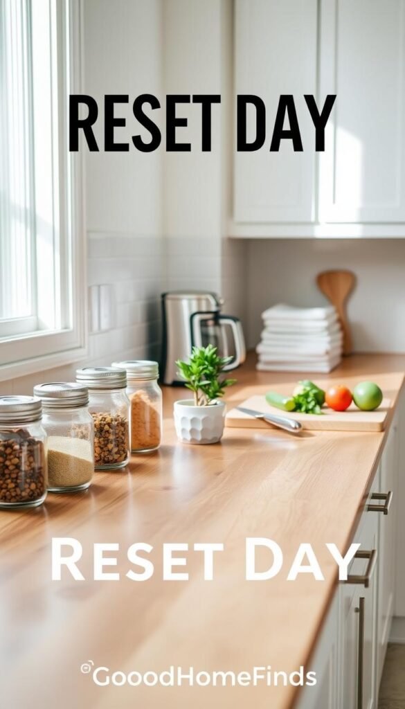 A serene kitchen counter, beautifully organized for a "reset day." In the foreground, a polished wooden counter displays neatly arranged glass jars filled with colorful spices, a small potted plant, and a sleek cutting board with fresh ingredients. In the middle, a minimalist coffee maker and a stack of neatly folded dishcloths add a touch of homeliness. The background features soft, natural light streaming through a nearby window, illuminating the space and casting gentle shadows. A calming palette of whites, light grays, and soft greens creates an inviting atmosphere. The image embodies a Pinterest-style lifestyle photo, focusing on purity, organization, and tranquility, fitting for the brand "GoodHomeFinds." A serene kitchen counter, beautifully organized for a "reset day." In the foreground, a polished wooden counter displays neatly arranged glass jars filled with colorful spices, a small potted plant, and a sleek cutting board with fresh ingredients. In the middle, a minimalist coffee maker and a stack of neatly folded dishcloths add a touch of homeliness. The background features soft, natural light streaming through a nearby window, illuminating the space and casting gentle shadows. A calming palette of whites, light grays, and soft greens creates an inviting atmosphere. The image embodies a Pinterest-style lifestyle photo, focusing on purity, organization, and tranquility, fitting for the brand "GoodHomeFinds."