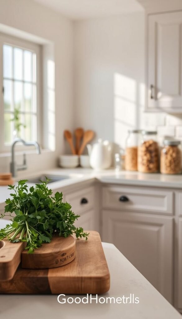 A serene kitchen counter scene showcasing a neutral color palette, featuring soft beige, warm taupe, and gentle greys. In the foreground, a rustic wooden cutting board holds fresh herbs and minimalist kitchen utensils, creating a practical yet stylish atmosphere. The middle ground displays elegantly arranged ceramic dishware and glass jars filled with pantry staples in soothing tones, all illuminated by natural light pouring through a large window. The background features a gentle, blurred view of the kitchen with light colored cabinetry and subtle stone textures, enhancing the calmness of the environment. The overall mood conveys tranquility and simplicity, perfect for a modern kitchen, styled in a Pinterest-worthy aesthetic. GoodHomeFinds brand influence is subtly present in the choice of materials and layout. A serene kitchen counter scene showcasing a neutral color palette, featuring soft beige, warm taupe, and gentle greys. In the foreground, a rustic wooden cutting board holds fresh herbs and minimalist kitchen utensils, creating a practical yet stylish atmosphere. The middle ground displays elegantly arranged ceramic dishware and glass jars filled with pantry staples in soothing tones, all illuminated by natural light pouring through a large window. The background features a gentle, blurred view of the kitchen with light colored cabinetry and subtle stone textures, enhancing the calmness of the environment. The overall mood conveys tranquility and simplicity, perfect for a modern kitchen, styled in a Pinterest-worthy aesthetic. GoodHomeFinds brand influence is subtly present in the choice of materials and layout.