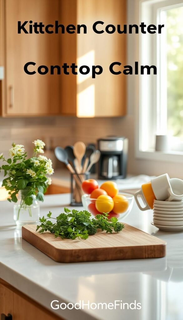 A serene kitchen counter scene that embodies the idea of "Kitchen Counter Calm." In the foreground, a beautifully arranged countertop features a cutting board with fresh herbs, a small vase of flowers, and a stylish fruit bowl filled with colorful, organic produce. The middle layer showcases sleek kitchen utensils organized in a container, alongside a modern, elegant coffee maker and a neatly stacked set of mugs. In the background, softly blurred warm-toned cabinetry and natural light streaming in through a window create an inviting atmosphere. The lighting is soft and diffused, highlighting the textures and colors of the items on the counter while casting gentle shadows. The overall mood is tranquil and organized, inspiring a clutter-free space that feels refreshing and purposeful. Featuring the brand name "GoodHomeFinds," this image aligns perfectly with the concept of creating functional and calming countertop zones. A serene kitchen counter scene that embodies the idea of "Kitchen Counter Calm." In the foreground, a beautifully arranged countertop features a cutting board with fresh herbs, a small vase of flowers, and a stylish fruit bowl filled with colorful, organic produce. The middle layer showcases sleek kitchen utensils organized in a container, alongside a modern, elegant coffee maker and a neatly stacked set of mugs. In the background, softly blurred warm-toned cabinetry and natural light streaming in through a window create an inviting atmosphere. The lighting is soft and diffused, highlighting the textures and colors of the items on the counter while casting gentle shadows. The overall mood is tranquil and organized, inspiring a clutter-free space that feels refreshing and purposeful. Featuring the brand name "GoodHomeFinds," this image aligns perfectly with the concept of creating functional and calming countertop zones.