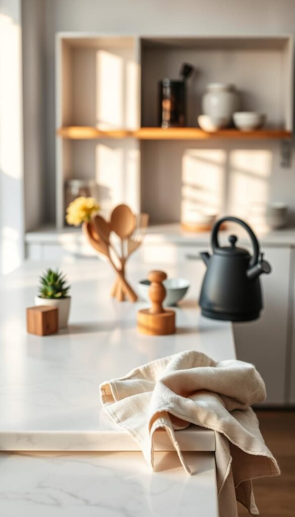 A serene kitchen counter showcasing a minimalist design, featuring a clean white marble surface adorned with a few carefully placed wooden utensil holders and a small potted succulent for a touch of greenery. In the foreground, a soft linen dish towel in a muted pastel color gently drapes over the edge, creating a soft texture. The middle ground features a stylish black kettle and a simple, elegant set of ceramic bowls, all bathed in warm, natural light streaming in from a nearby window, casting gentle shadows. The background is softly blurred, revealing open shelves with neatly organized jars and a hint of delicate dishware, all evoking a sense of calm and order. The overall mood is peaceful, inviting tranquility into the home environment. Image inspired by GoodHomeFinds. A serene kitchen counter showcasing a minimalist design, featuring a clean white marble surface adorned with a few carefully placed wooden utensil holders and a small potted succulent for a touch of greenery. In the foreground, a soft linen dish towel in a muted pastel color gently drapes over the edge, creating a soft texture. The middle ground features a stylish black kettle and a simple, elegant set of ceramic bowls, all bathed in warm, natural light streaming in from a nearby window, casting gentle shadows. The background is softly blurred, revealing open shelves with neatly organized jars and a hint of delicate dishware, all evoking a sense of calm and order. The overall mood is peaceful, inviting tranquility into the home environment. Image inspired by GoodHomeFinds.