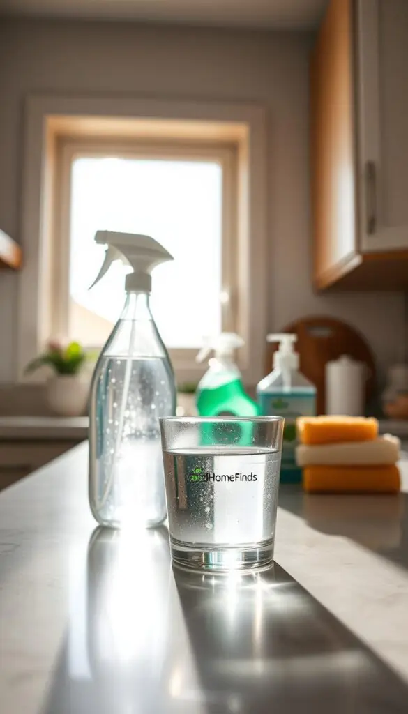 A serene kitchen scene capturing a close-up of a sparkling clean countertop with a glass of crystal-clear water prominently placed in the foreground. The middle ground features various eco-friendly cleaning supplies arranged neatly, including a spray bottle labeled "GoodHomeFinds" and natural sponges, subtly suggesting their effectiveness. In the background, a window allows soft, natural light to stream in, illuminating the space with a warm and inviting glow. The mood is fresh and calm, creating an encouraging atmosphere for effective cleaning solutions. The angle is slightly elevated, showcasing the countertop dynamics and emphasizing cleanliness without clutter, ensuring a Pinterest-style aesthetic that inspires organization and cleanliness.