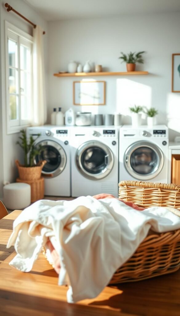 A serene laundry room scene with natural light pouring in through a window, illuminating freshly washed linens neatly folded on a stylish wooden table. In the foreground, a wicker basket overflows with colorful laundry, adding warmth to the image. The middle features an organized laundry area with a pristine washing machine and dryer, surrounded by neatly labeled containers for detergents and fabric softeners. The background showcases soft, pastel-colored walls adorned with minimalistic decor, such as potted plants and framed artwork. The atmosphere is calming and inviting, perfect for a weekend reset. The overall composition is shot at a slightly elevated angle to capture depth and detail, reflecting a modern yet cozy aesthetic. Modern, Pinterest-style photography by GoodHomeFinds, with an emphasis on tranquility and organization.
