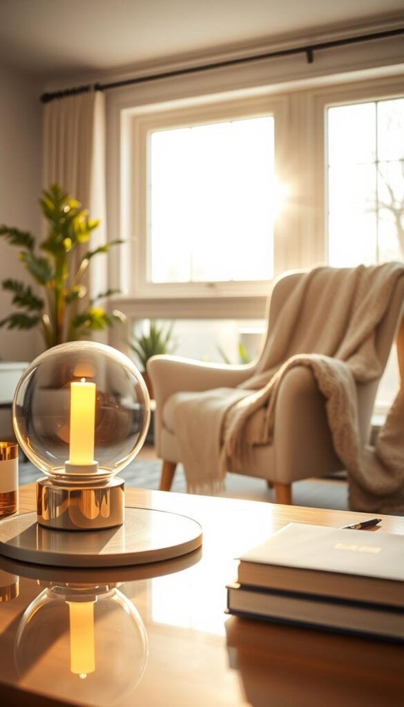 A serene lifestyle scene showcasing the concept of "light" in a cozy, well-lit living space. In the foreground, a beautifully arranged coffee table features a stylish lamp with a warm glow, subtle shadows, and soft reflections on a nearby polished surface. The middle ground displays a comfortable chair draped with a light knitted throw, inviting relaxation. In the background, large windows allow natural sunlight to stream in, illuminating the space with golden light, casting delicate patterns on the walls. The atmosphere is calm and uplifting, perfect for a mindful retreat. This image should embody the essence of everyday practicality and warmth, reflecting the brand GoodHomeFinds with a focus on useful, aesthetic home decor. Capture this scene with soft focus, a wide angle, and bright, inviting colors.