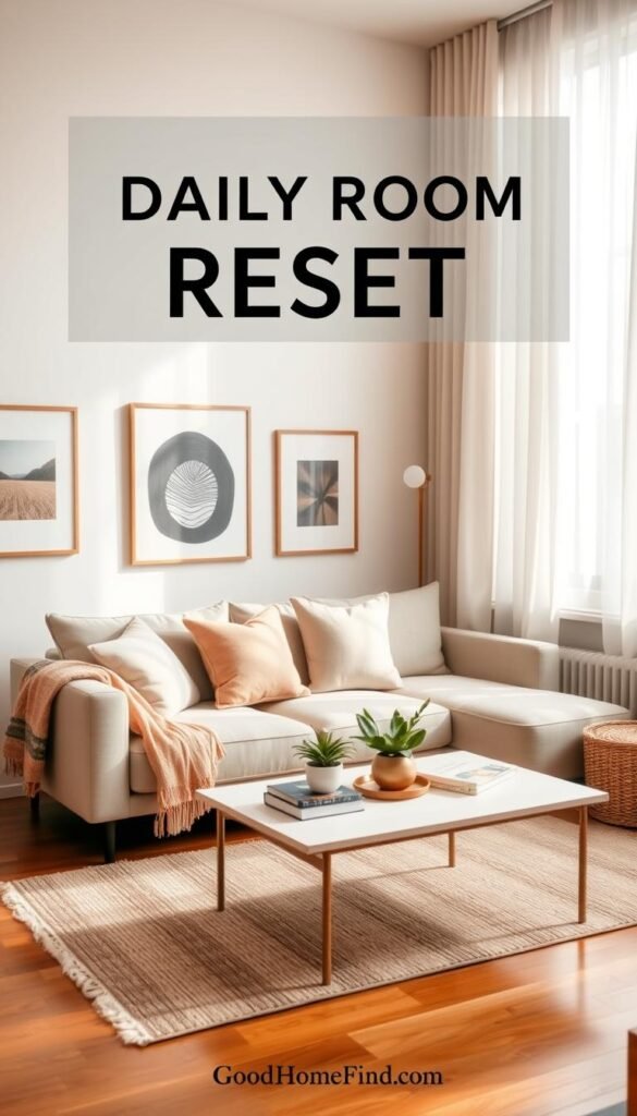 A serene living room reset scene in a small space, featuring a cozy, well-organized layout. In the foreground, a plush, neatly arranged sofa with soft, neutral-toned cushions and a colorful throw blanket. A stylish coffee table holds a small potted plant and a few neatly stacked books. The middle ground showcases a minimalist decor accentuated by tasteful artwork on the walls, enhancing a feeling of openness. In the background, a large window allows natural light to flood the room, highlighting wooden floors and soft drapes. The atmosphere is warm and inviting, suggesting tranquility and rejuvenation. The image is shot with a soft focus lens, capturing a balanced and comfortable composition, reflecting the concept of a daily reset in a rental space. GoodHomeFinds.