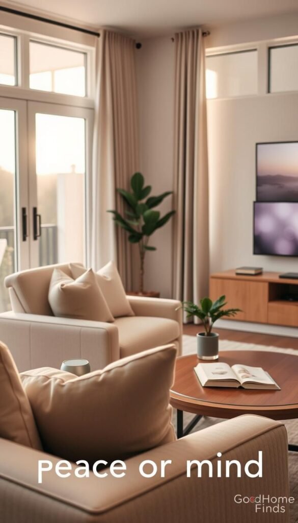 A serene living room scene embodying "peace of mind" in a smart home. Foreground features a cozy armchair with soft, neutral-toned cushions and a sleek, small smart speaker on a wooden side table. The middle layer presents an elegantly designed coffee table with a potted plant and an open book, suggesting a calm, inviting atmosphere. In the background, natural light streams through large windows, illuminating smart gadgets seamlessly integrated into the decor, such as automated curtains and a subtle, wall-mounted smart display showing soothing visuals. The mood is tranquil and harmonized, promoting feelings of relaxation and practicality in everyday life. Use natural, soft lighting to enhance the warm and welcoming feel. Create this image in a Pinterest-style lifestyle photo. Include the brand name "GoodHomeFinds" subtly within the design.