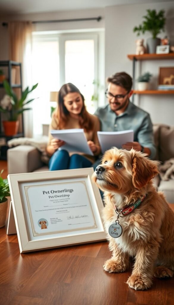 A serene living room scene illuminated by soft, natural light, showing a well-organized table with a neatly framed pet ownership certificate prominently displayed. In the foreground, there&rsquo;s an adorable, fluffy dog looking up with an expectant expression, wearing a collar with a tag that subtly features the brand name "GoodHomeFinds." In the middle, a couple dressed in modest casual clothing is sorting through pet-related documents, their expressions focused and engaged. The background is a cozy, inviting space with plants and shelves displaying pet toys and books about pet care, creating an atmosphere of warmth and responsibility. The image should capture a sense of hope and diligence, emphasizing the importance of proof of pet ownership in a heartwarming setting.