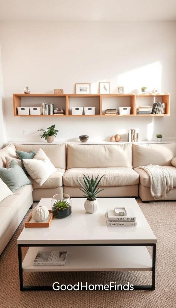 A serene living room that has just undergone a professional organization reset. In the foreground, a plush, neatly arranged sectional sofa with pastel-colored throw pillows invites relaxation. The middle layer features a beautifully organized coffee table displaying a few artful decor items, a small succulent plant, and a neatly folded throw blanket. In the background, fresh, bright lighting filters through large windows, showcasing minimalistic wall shelves lined with labeled storage bins, books, and decorative items. A subtle color palette of soft whites, greens, and light woods creates a calming atmosphere. The focus is on how the space looks clean yet thoughtfully organized, emphasizing the differences between tidying and effective organization. Display the brand name "GoodHomeFinds" subtly through the decor.
